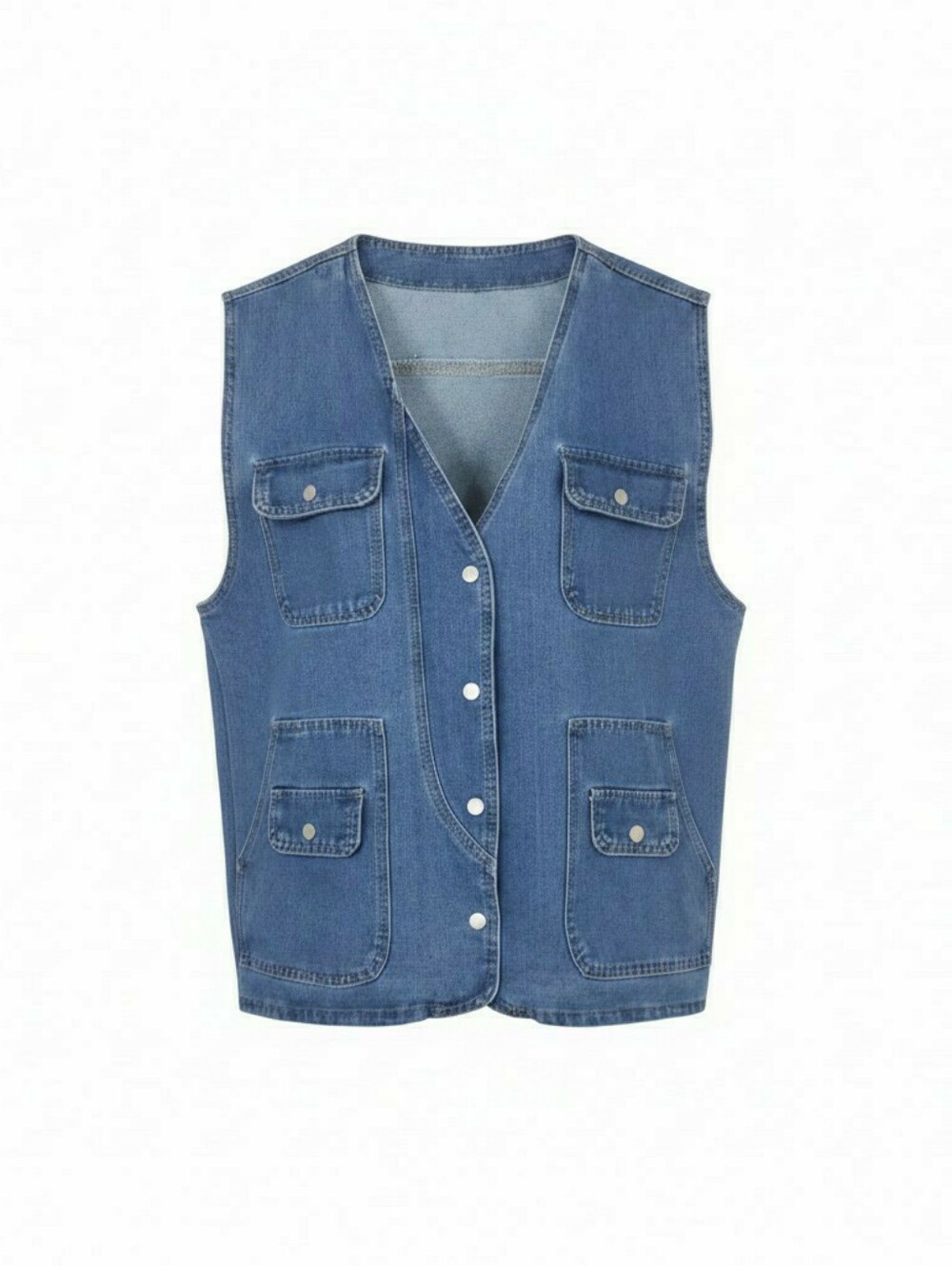 DAZY Flap Pocket Mid Length V-Neck Womens Utility Denim Vest